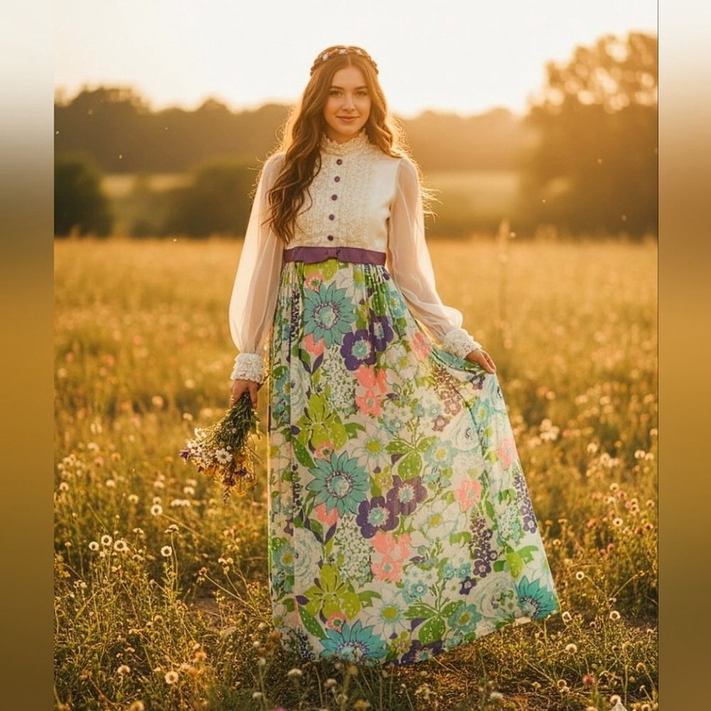 Vintage 1970s Prairie Maxi Dress – Lace, Sheer Sleeves & Bold Floral Skirt